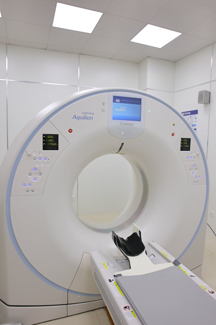 High-tech MRI machine in a hospital's diagnostic room, showcasing medical technology.