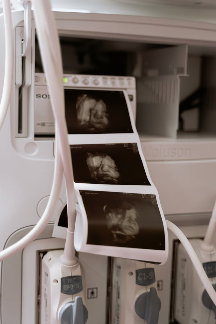Close-up of ultrasound machine printing baby scan images in a medical clinic setting.